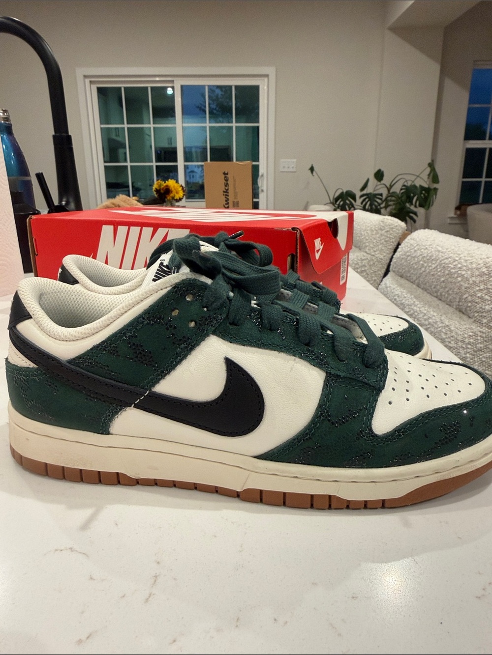Nike women’s Dunk Low — White & Dark Green croc with Black Swoosh